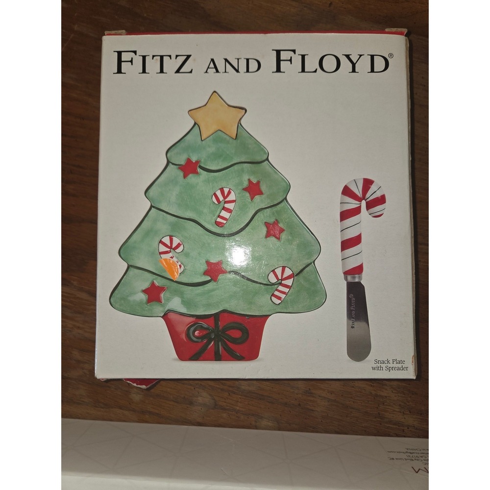Fitz and Floyd Christmas Tree Snack Plate with Candy Cane Spreader Set